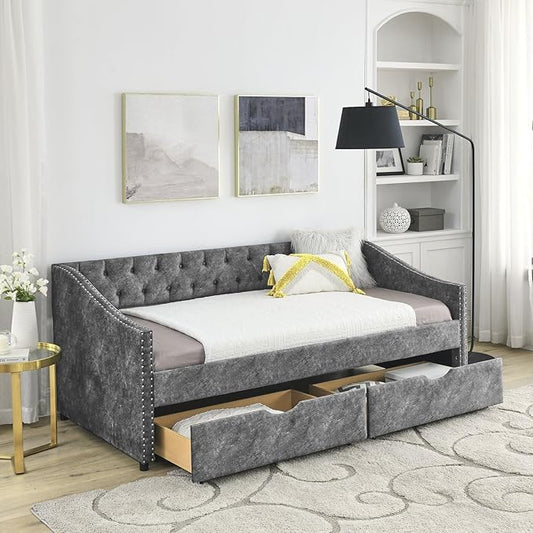 Twin Size Upholstered Daybed with Drawers Tufted Sofa Bed with Waved Arms Grey Polyester Mid-Century Design 500lbs Capacity