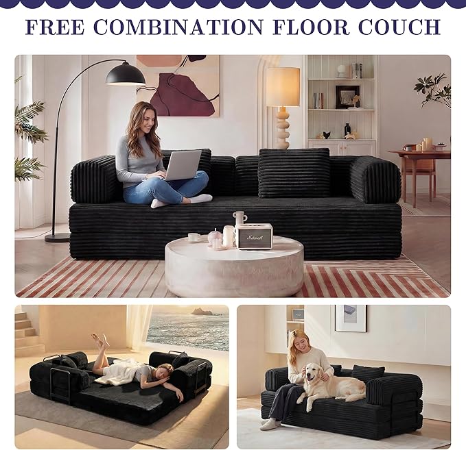 Convertible Sleeper Sofa Bed Folding Floor Mattress Couch with Fixed-Shape Frame Futon Boneless Couch Lounge Loveseat with Pull Out Bed No Assembly Required Black
