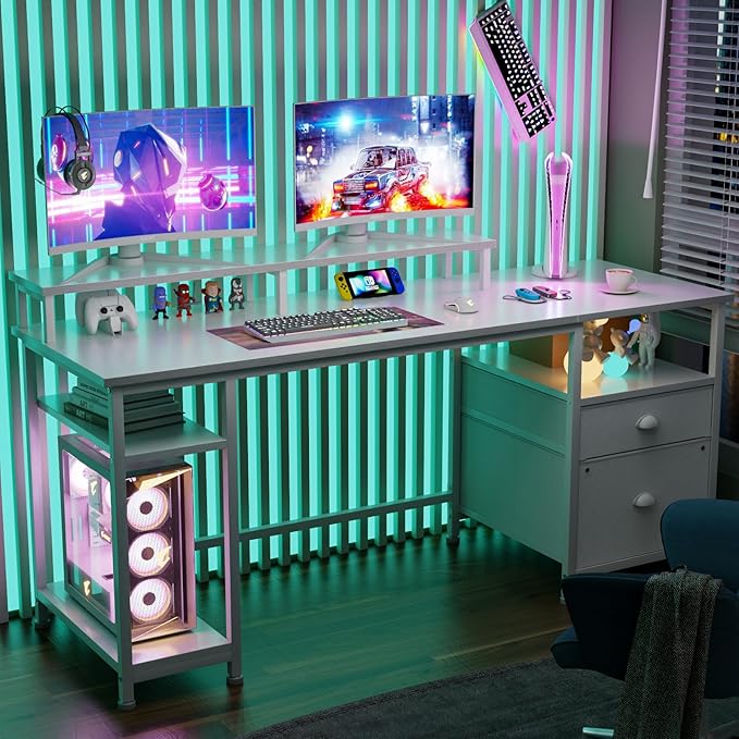 Furologee 61 Computer Desk with Fabric File Cabinet &amp Drawer Reversible White Table with Storage Shelf Office Desk with Long Monitor Stand Writting Table Workstation for Home/Office/White