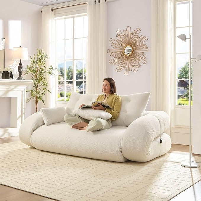 78.7'' Folding Sleeper Sofa 3 in 1 Folding Sofa Bed Teddy Couch Upholstered Deep Seat Bean Bag Lounge Recliner Oversized Human Dog Bed for Living Room Playroom Bedroom(Beige)