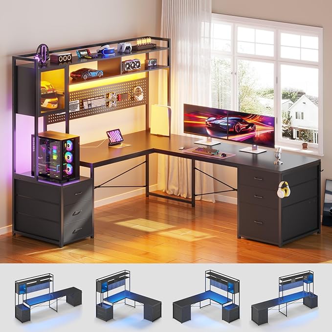 SEDETA L Shaped Gaming Desk with Drawers Reversible Computer Corner Desk with File Drawer Hutch Storage Shelves for Home Office Gaming Two Person Desk with Led Lights Power Outlet Black