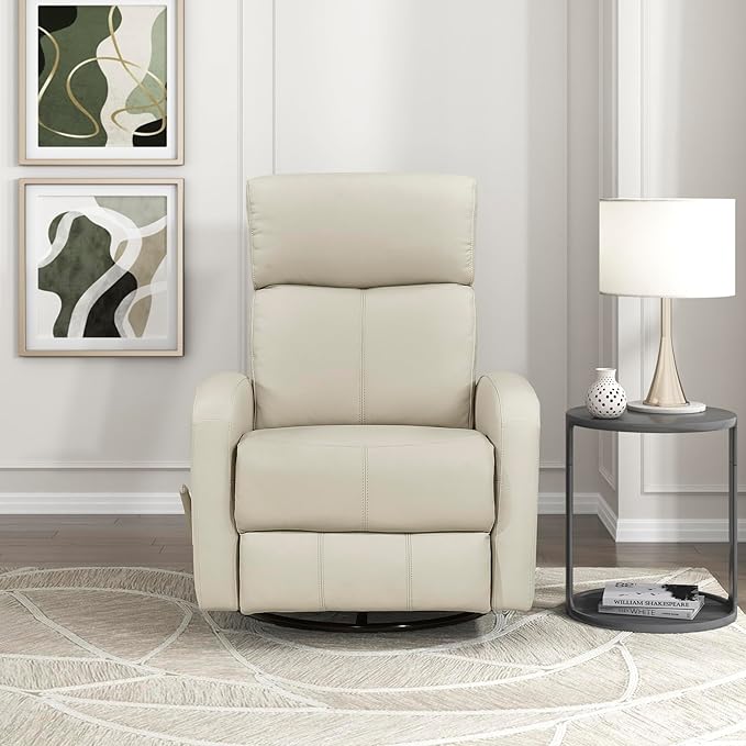 Lexicon Swivel Glider Reclining Chair Top Grain Leather Match Manual Pull Handle Recliner Comfy Nursery Glider Recliner Swivel Reclining Chair for Living Room/Office/Bedroom/Apartment Beige