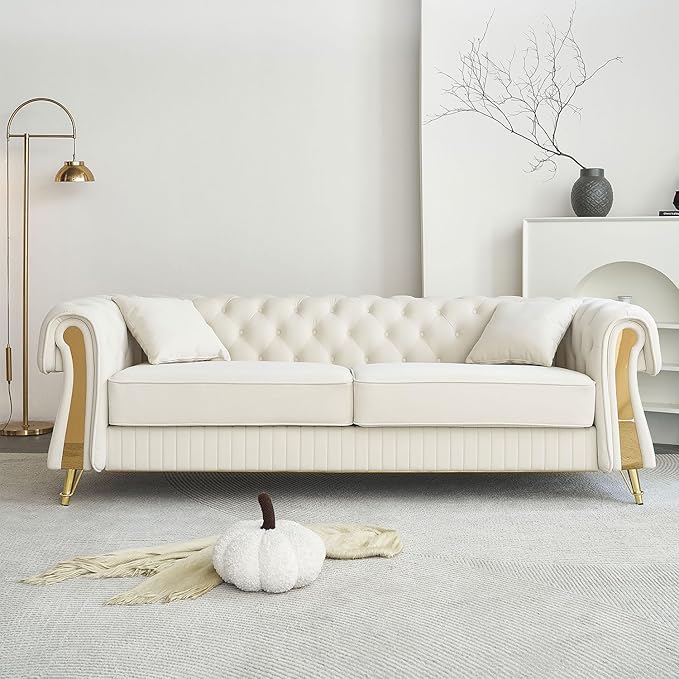 89 Sofa Couch Tufted Velvet Chesterfield Sofa Modern 3 Seat Sectional Couch with 2 Toss Pillows for Living Room Beige
