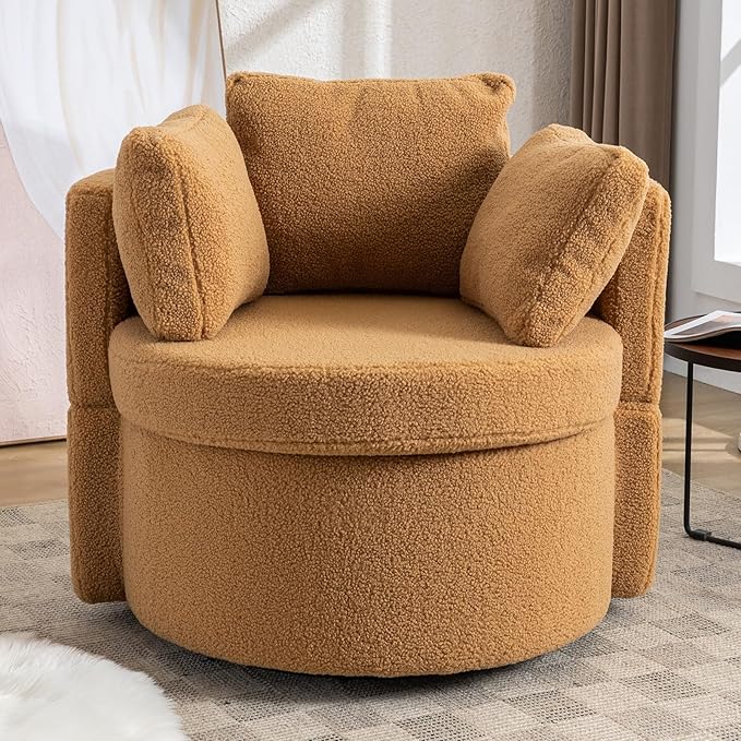 FOXHUNTER Swivel Barrel Chair 360 Degree Oversized Swivel Accent Chair with 3 Pillows Swivel Storage Chair for Nursery Living Room Bedroom 31.5D X 33.9W X 33.86H Inch (Teddy Brown)