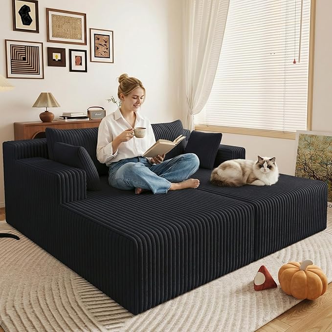 71Oversized Chaise Lounge ChairSectional Double Lounge Chaise with Pillows Upholstered Corduroy Boneless Lounge Chair Fluffy Modern Loveseat Sleeper Sofa for Living Room or Bedroom (Black)