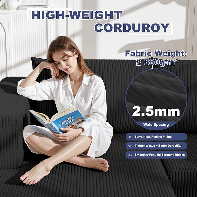 108 Boneless Couches for Living Room Modular Cloud Couch Sofa - 4 Pieces U Shap Corduroy Sectional Sofa Fluffy Memory Foam Sleeper Sofa Furniture No Assembly Wide Armrest Black