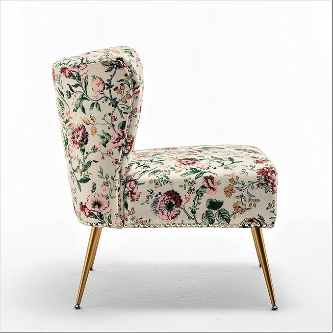 Thia Armless Accent Chair for Living Room Elegant Seat with Nailhead Trim Gold Metal Legs and Comfortable Curved Back 28 D x 25 W x 29.5 H 03 Floral Print