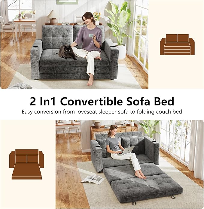 WorthFurni Convertible Sofa Bed Folding Sofa Bed 2 in1 Pull Out Loveseat Sleeper Sofa Floor Sofa Bed for Small Spaces Folding Couch Bed with Pillows for Living Room Bedroom - Grey