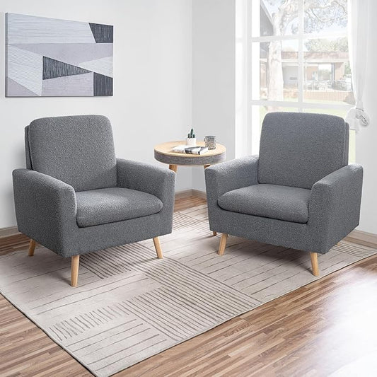 Naomi Home Frida Mid - Century Accent Chairs Set of 2 Durable Wood Frame Living Room Chairs Set of 2 Reading Chair with armrest Soft Teddy Fleece Side Chair Oak Legs arm Chairs - Gray