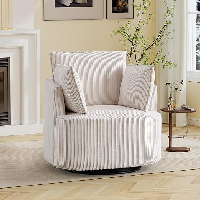 Bonzy Home 360° Swivel Accent Chair Comfy Corduroy Swivel Barrel Chair with 2 Soft Pillows Single Sofa for Living Room Bedroom Beige