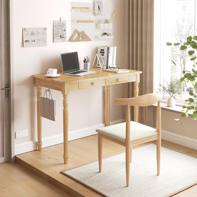Solid Wood Desk with Drawers - 40 Inch Writing Desk with Drawers Mid Century Modern Desk with 2 Hooks Rubber Wood Study Table for Bedroom Living Room &amp Office Natural Boho Desks