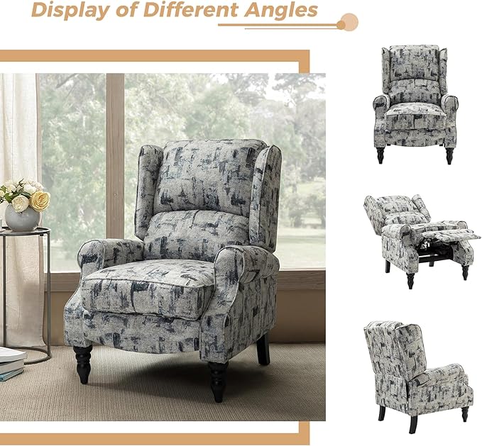 HULALA HOME Upholstered Wingback Recliner Chair Small Adjustable Footrest Push Back Single Reclining Sofa Mid Century Modern Lounge Armchair for Living Room Bedroom Reading/Grey