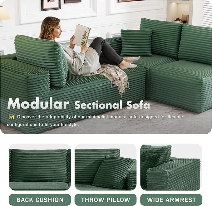 104 Modular Sectional Sofa with L-Shape Chaise Modern Upholstered Cloud Couches for Living Room Bedroom No Assembly Required Green