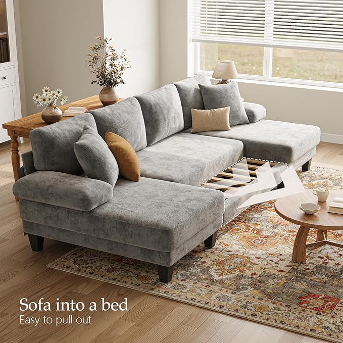 Txtin's Sleeper Sofa with Pull Out Couch Bed | 112 Inch Couches for Living Room | U-Shaped Convertible Sofa Bed | Chenille Light Grey