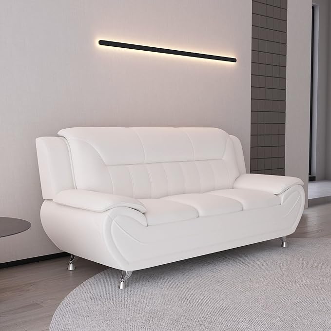 Michael Modern Faux Leather Upholstered Stainless Steel Legs Living Room Sofa Cream White