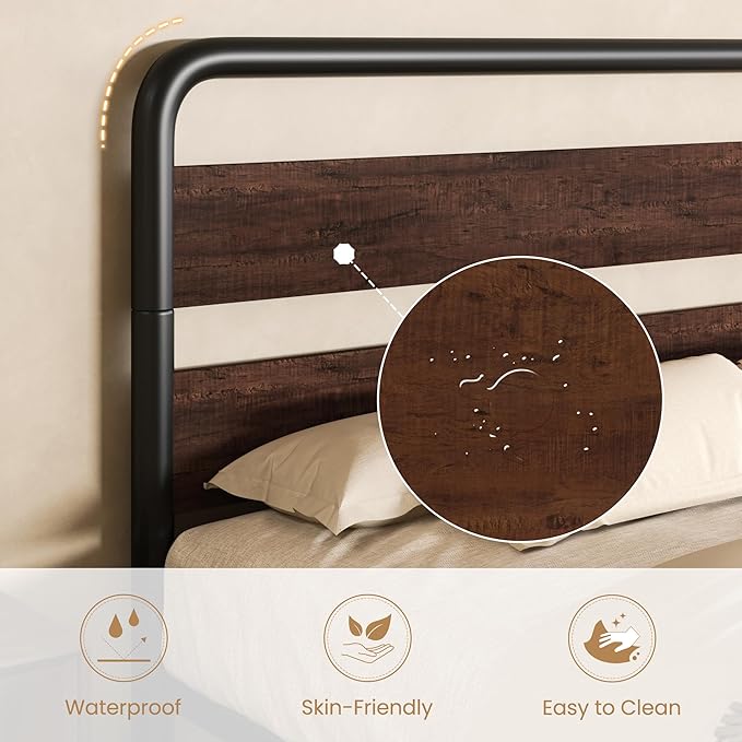 SHA CERLIN King Size Metal Bed Frame with Wooden Headboard and Footboard Heavy Duty Platform Bed Frame with 10 Under-Bed Storage Noise-Free No Box Spring Needed Mahogany