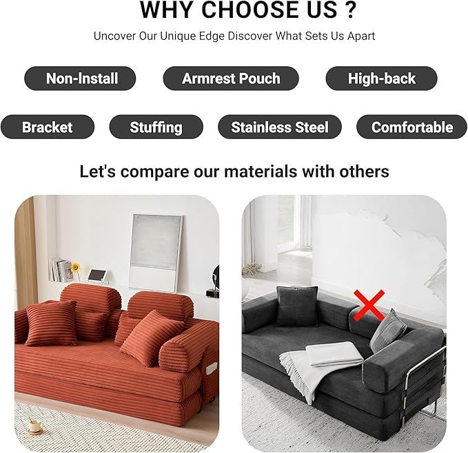 79 Boneless Couch with High Backrest Headrest Comfy Modular Foldable Floor Sleeper Sofa 5-in-1 Convertible Sofa Bed for Living Room Bedroom Lounge Studio Orange
