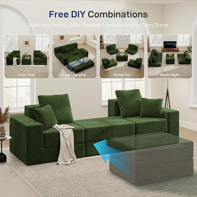 Cloud Modular Sectional Sofa Comfy Boneless Couch for Living Room Modern L-Shaped Couch with Reversible Chaise Customizable Sleeper Sofa with Non Slip No Assembly &amp Deep Seat Green