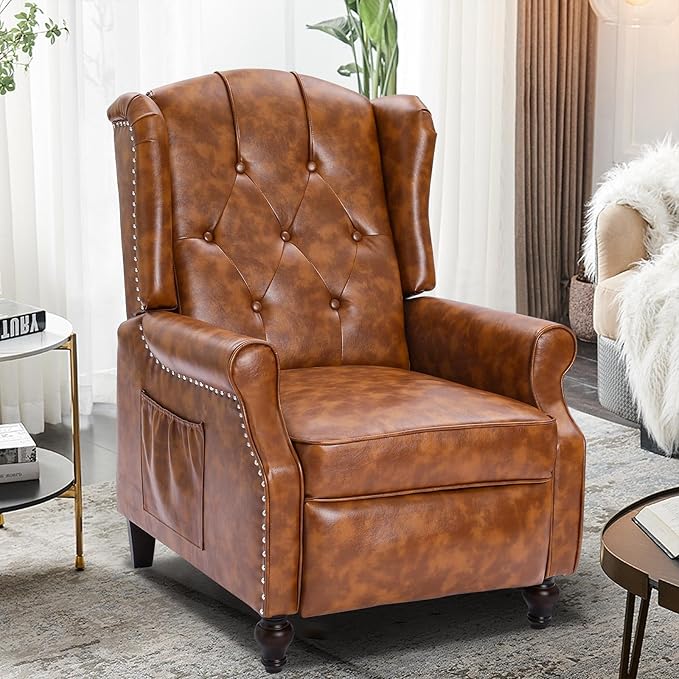 Wingback Recliner Chair with Heat and Massage PU Leather Push Back Recliner Chair for Living Room Vintage Wingback Recliner with Remote ControlPadded CushionBackrestWooden Legs