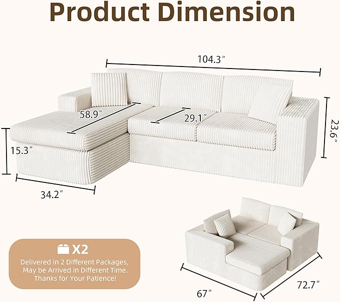 Shintenchi 105 Modular Sectional Sofa Boneless L Shaped Couch with Deep Seat Cloud Foam Couch with Oversized Chaise Plush Corduroy Sofa No Assembly Needed for Living Room Beige
