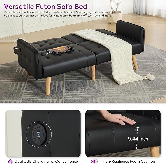 TYBOATLE Faux Leather Convertible 65'' Folding Futon Sofa Bed w/ 2 USB Loveseat for Small Space Apartment Dorm Living Room Office Black