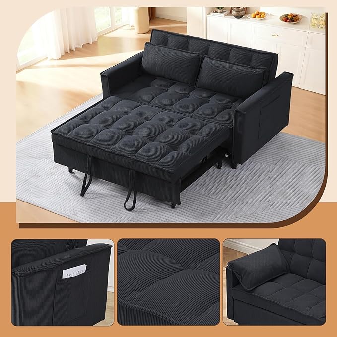 3 In 1 Corduroy Convertible Sofa BedPull Out Couch Bed with Reclining Backrest And 2 Pillows 54 Full Size Loveseat Sleeper Sofa Futon Couch Bed Couches For Small Spaces Living Room (Dark Grey)