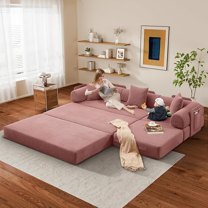 L Shaped Convertible Modular Boneless Sofa Bed with Cylindrical Pillow Corduroy Folding Floor Sofa Couch Bed with Fixed-Shape Frame &amp Storage Pocket for Living Room Pink