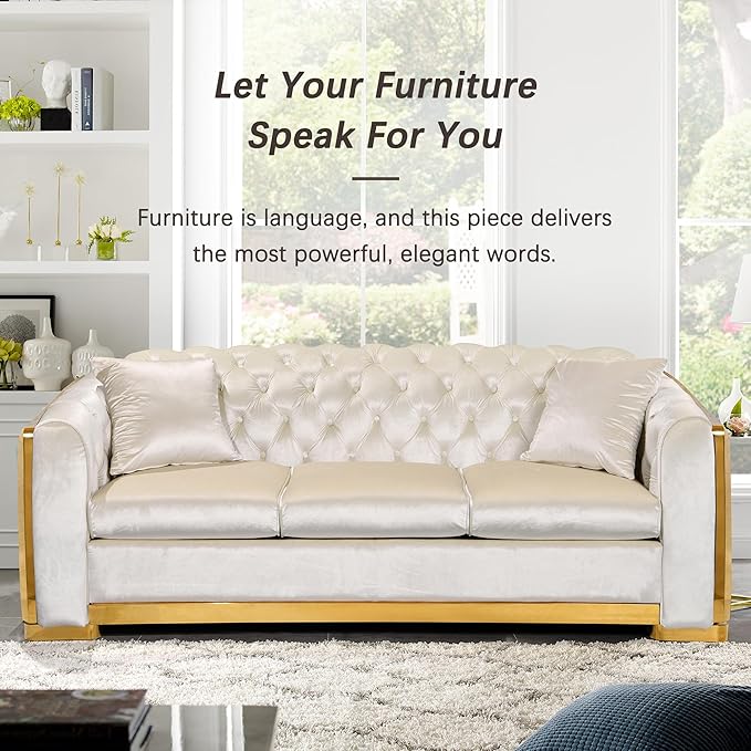 Golden Trimmed Chesterfield Sofa for Living Room Modern Elegant 81'' Button Tufted Curved Arm Velvet Couch with Golden Legs for Lounge Extra Higher Backrest Easy Assembly Cream Beige