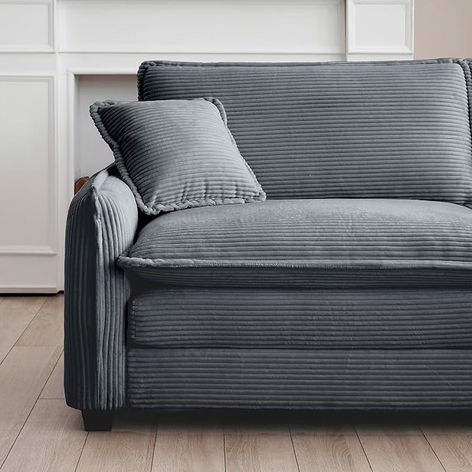 Oversized Deep Seat Single Sofa Chair 46 in Stylish Accent Couch Chair with Ottoman Footrest &amp One Throw Pillow Modern Upholstered Corduroy Fabric Comfy Armchair for Living Room Bedroom Grey