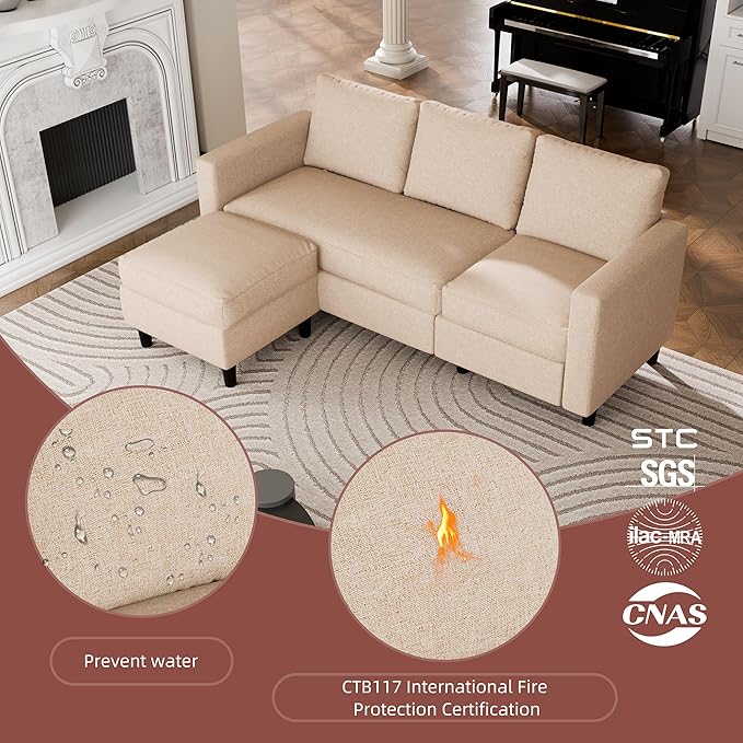 JAMFLY Sectional Couch Sofa Convertible L Shaped Sofas Couch with Ottoman Small Sectional Sofa for Living Room 3 Seater for Small Spaces Khaki