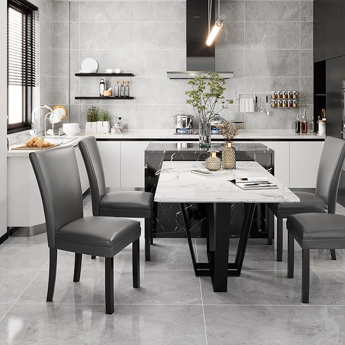 MODERION Set of 2 Dinning Chairs with Solid Wood Leg Upholstered Kitchen Chairs with Leather PU Skin Accent Chairs with High Back Simple Office ChairsHolds 300 LbsEasy Assembly Grey CY1331GY