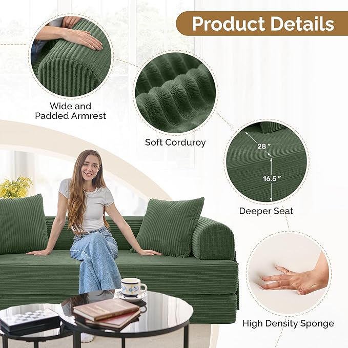 Convertible Coarser Corduroy Sleeper Sofa Bed with Cylindrical Pillow Folding Mattress Couch with Fixed-Shape Frame Floor Sofa Lounge Couch for Living Room Bedroom Lounge Studio Green