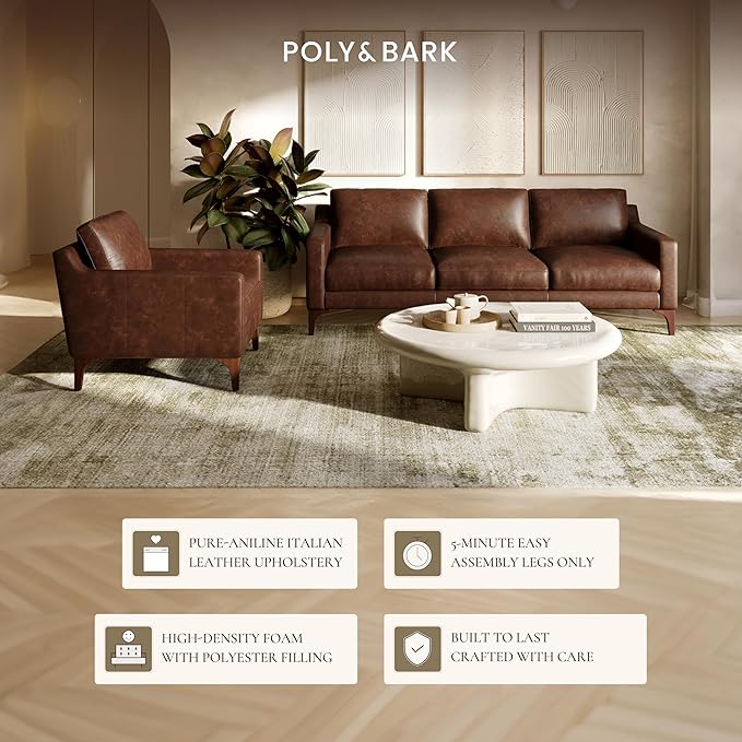 Poly &amp BARK Sorrento Leather Lounge Chair – Full-Grain Chocolate Brown Leather Upholstery with Feather-Blend Cushions – Modern Upholstered Accent Chair for Bedroom or Living Room – Lounge Seating