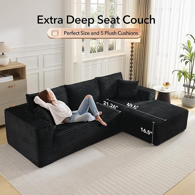 108'' Modular Sectional SofaComfy Cloud Couch with L Shaped ChaiseModern Deep Seat Boneless Couch for Living Room3 SeaterNo Assembly Required (Right-Facing ChaiseBlack)