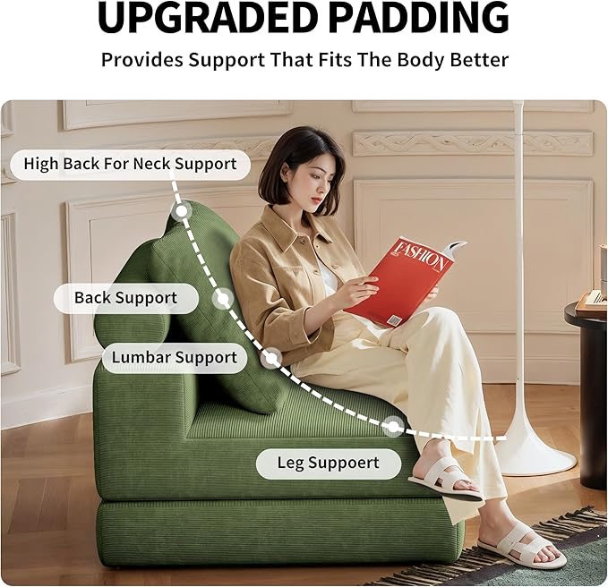Folding Sofa Bed 3-in-1 Convertible Sleeper Chair Bed with Pillows Foldable Floor Couch with High-Density Foam Futon Small Boneless Couch for Living Room Bedroom Lounge Single Green