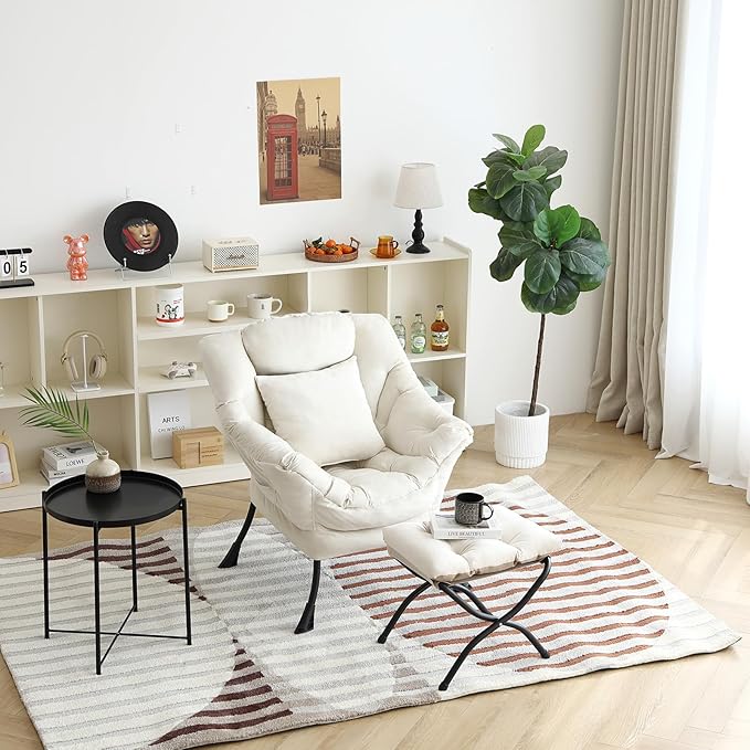 Lazy Chair with Ottoman Comfy Reading Lounge Chair with Footstool &amp Throw Pillow Modern with Armrests &amp Side Pocket for Living Room Bedroom Dorm Room Velvet Beige