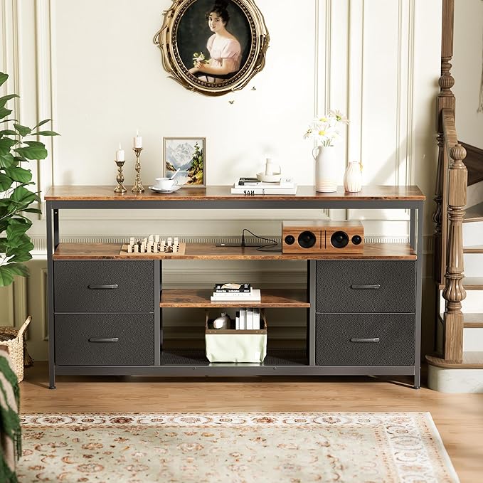 Huuger TV Stand Dresser with Power Outlets and LED Lights 4 Drawers Entertainment Center with Shelves 54 Inch Media Console for 55 60 Inch TV PU Finish Rustic Brown and Black