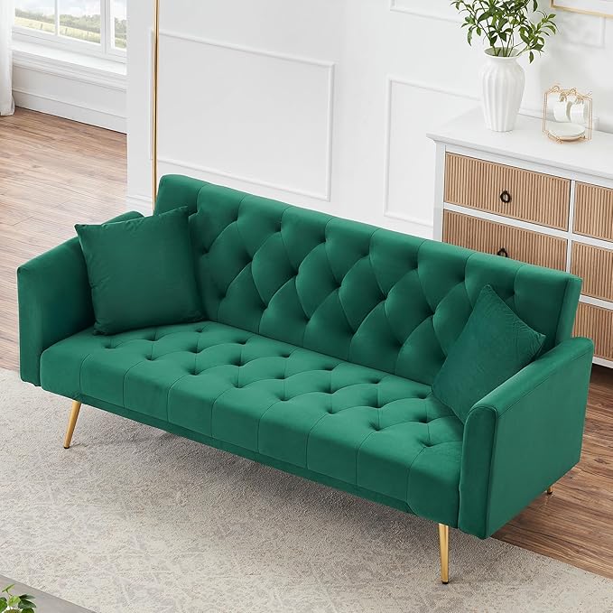 71 Modern Velvet Sofa Bed Futon Convertible Sleeper Couch with Adjustable Backrest Tufted Recliner Loveseat with Golden Chrome Legs &amp 2 Pillows for Small Spaces Living Room Apartment (Green)