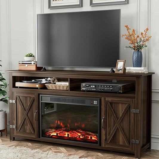 YESHOMY Fireplace TV Stand for Television up to 65+ Inch with Storage and Farmhouse Barn Doors Entertainment Center with Cabinet and Shelves Media Console for Living Room Walnut