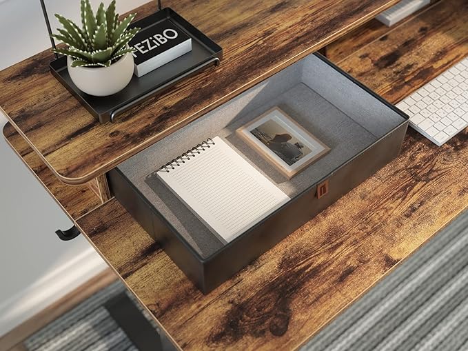 FEZIBO 55 x 24 Inch Whole-Piece Height Adjustable Standing Desk with Double Drawers Sit Stand Desk Stand Up Table (Send Two Packages) Rustic Brown Top