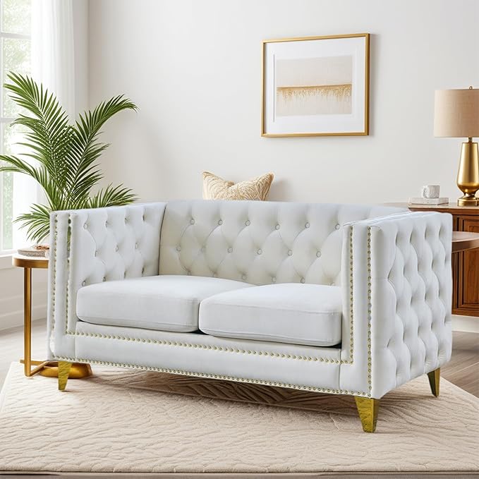 58 Chesterfield Velvet 2-Seater Sofa for Living RoomLoveseat Tufted Couch with Rolled Arms Nailhead and Two Pillows for Living RoomBeige