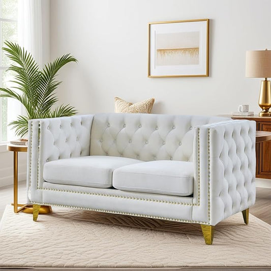 58 Chesterfield Velvet 2-Seater Sofa for Living RoomLoveseat Tufted Couch with Rolled Arms Nailhead and Two Pillows for Living RoomBeige