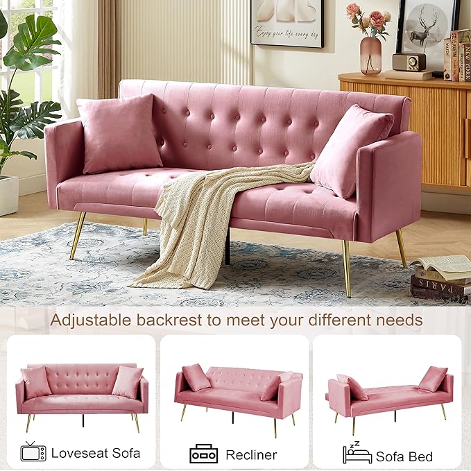 Anwick Modern Velvet Futon Sofa Bed: 72 Satin Convertible 2 Pillows Tufted Back Golden Metal Legs Folding Sleeper Loveseat for Small Space Home Office Living Room (Pink)