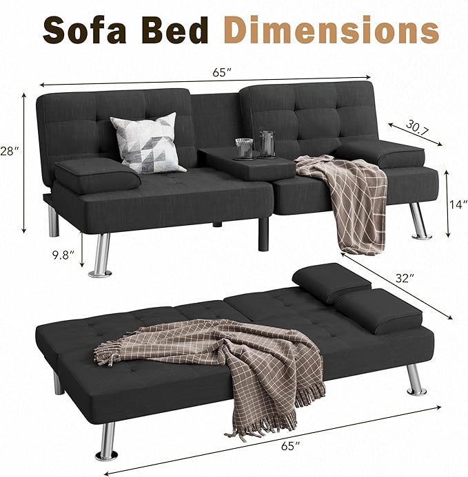 Shahoo Modern Linen Upholstered Convertible Folding Futon Sofa Bed with Removable Armrests Metal Legs 2 Cup Holders for Living Room Black