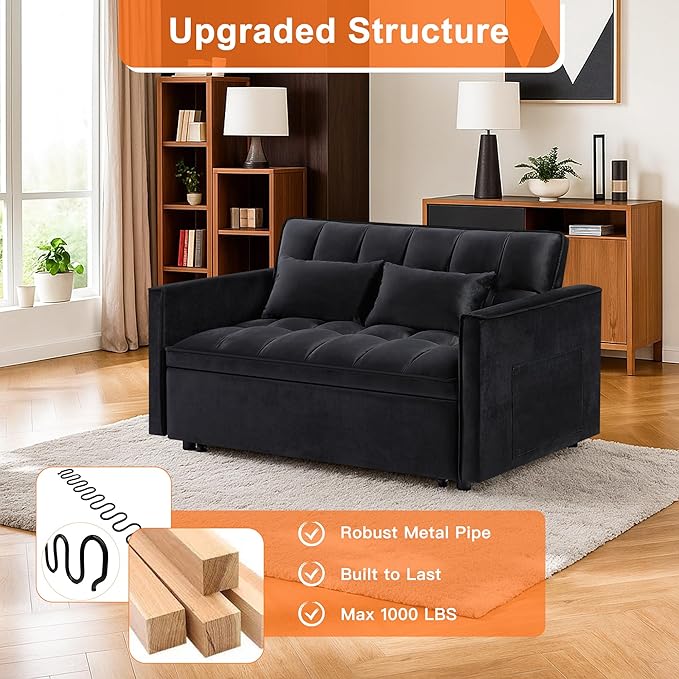 3 in 1 Convertible Sleeper Sofa BedFuton Loveseat Couch with Pull-Out Bed &amp Adjustable BackrestVelvet Fabric Sofa with Side Pocket for Small Apartment Living Room Office (Black)