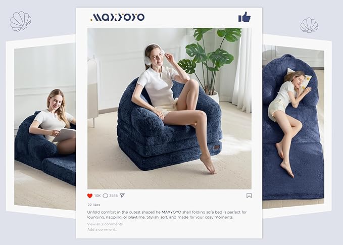 MAXYOYO Folding Sofa Bed 2 in 1 Convertible Sofa to Lounger Comfy Single Bean Bag Chair for Adults Floor Sleeper Couch with Handle Faux Fur Couch Bed for Living Room Bedroom Navy
