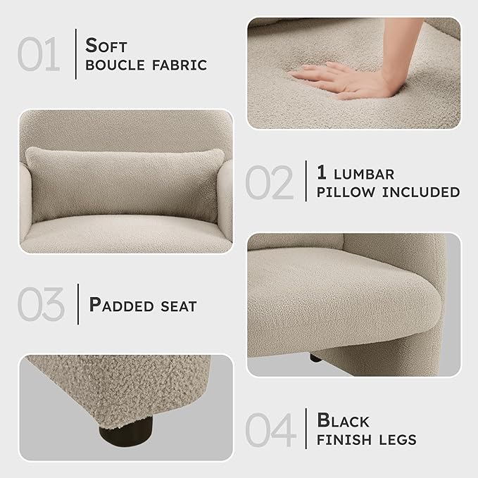 Lexicon Modern Accent Single Sofa Chair with Square Armrest Boucle Fabric Upholstered Comfy Reading Chair with Lumbar Pillow for Bedroom/Living Room/Office Taupe
