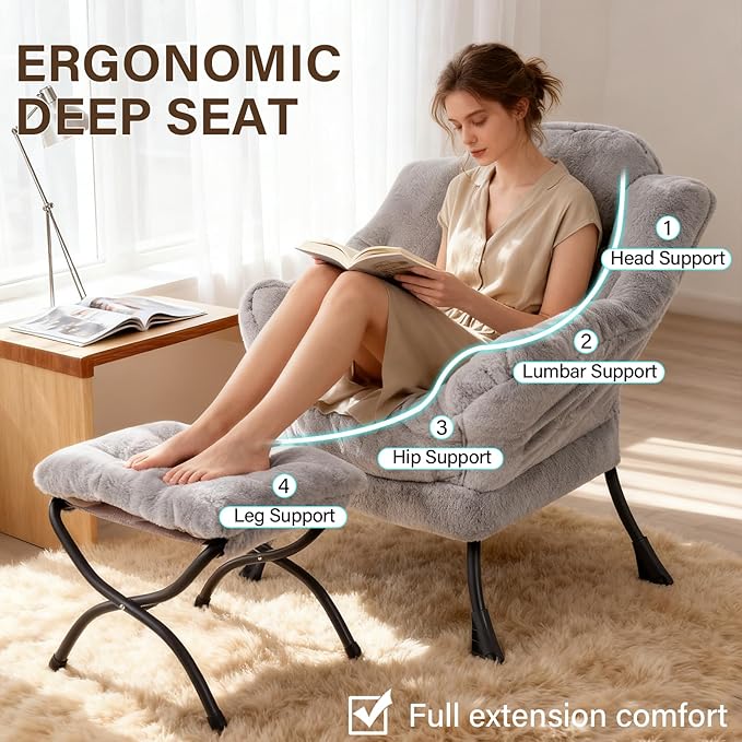 Welnow Lazy Chair with Ottoman Modern Accent Chair with Armrests and a Side Pocket Leisure Sofa Armchair Reading Armchair with Footrest for Small Space Plush Grey