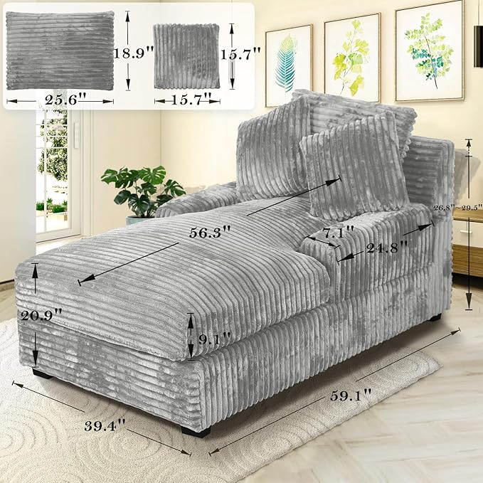 59 Inches Chaise Lounge Indoor with Adjustable Backrest Single Sleeper Sofa Chair with Lumbar Pillows Upholstered Sofa Bed for Living Room Bedroom Office
