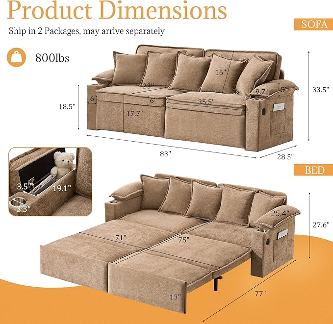 SUNWAVE 83 King Size Pull Out Sofa Bed 4-in-1 Convertible Sleeper Sofa Bed with USB Ports Cup Holders Side Pockets Corduroy Oversized Loveseat Chaise Lounge for Living Room Small Space